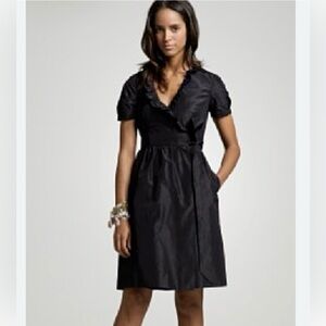 NWOT J. Crew Black 100% silk Midi wrap Dress with Ruffle Detail
